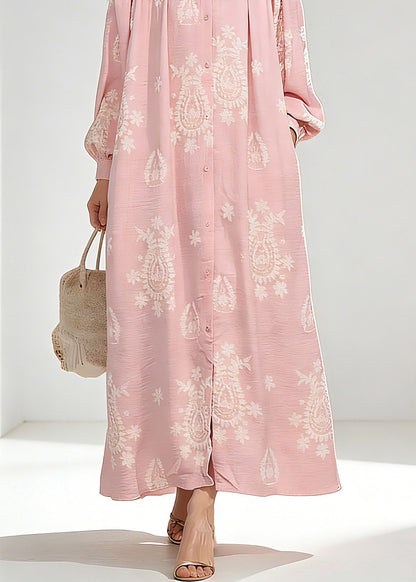 Elegant Pink Wrinkled Butto Long Dress Spring