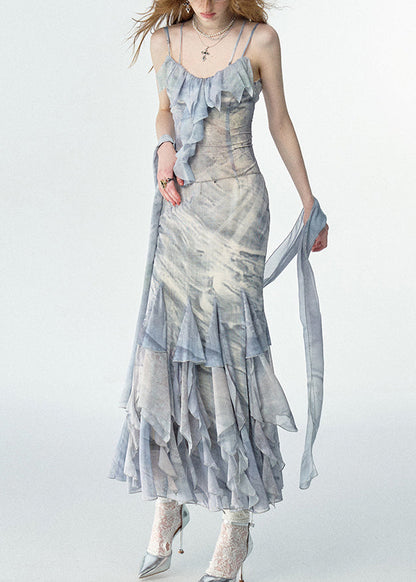 Elegant Print Ruffled Chiffon Long Spaghetti Strap Dresses Summer