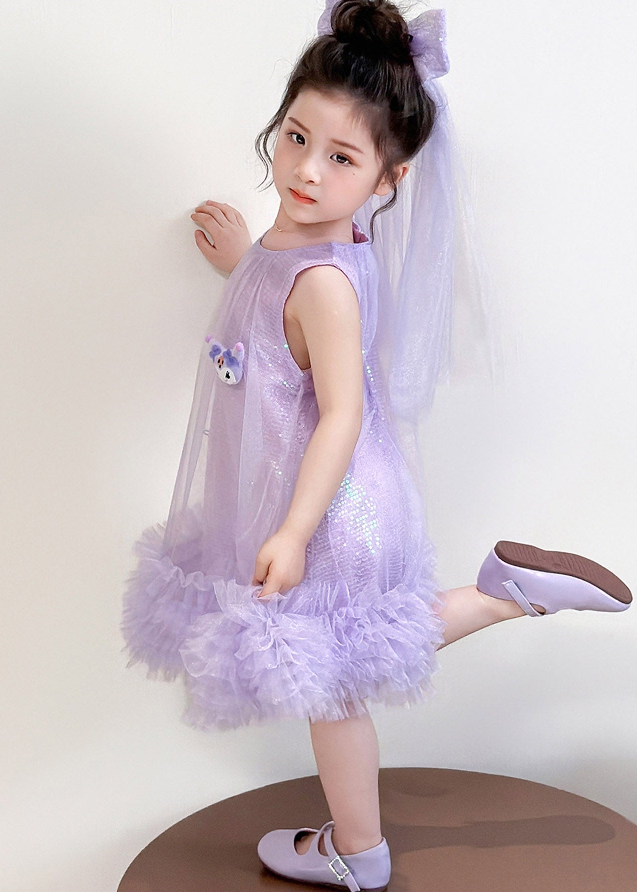 Elegant Purple O-Neck Patchwork Sequins Tulle Girls Party Maxi Dress Sleeveless