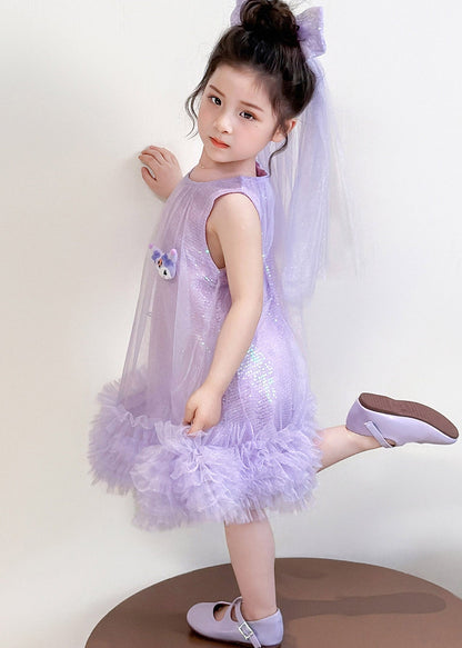 Elegant Purple O-Neck Patchwork Sequins Tulle Girls Party Maxi Dress Sleeveless