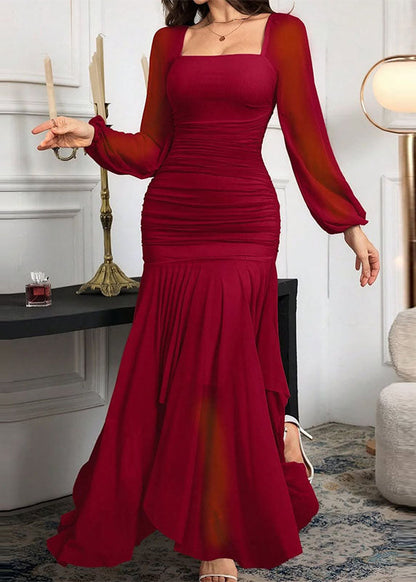 Elegant Purple Square Collar Asymmetrical Chiffon Long Dress Spring