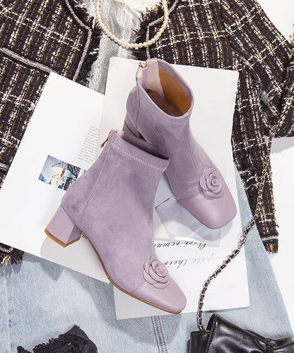 Elegant Purple Suede Floral Splicing Chunky Boots
