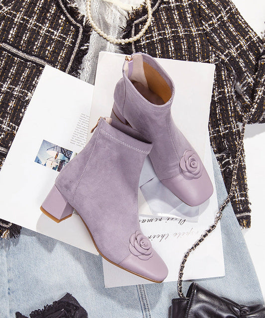 Elegant Purple Suede Floral Splicing Chunky Boots