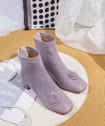 Elegant Purple Suede Floral Splicing Chunky Boots