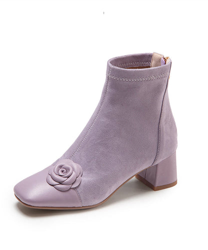 Elegant Purple Suede Floral Splicing Chunky Boots