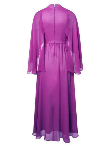 Elegant Purple Turtleneck High Waist Chiffon Long Dresses Three Quarter Sleeve