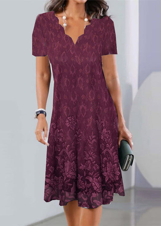 Elegant Purple V Neck Lace Wrinkled Mid Dress Summer