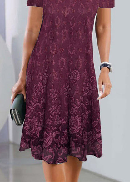Elegant Purple V Neck Lace Wrinkled Mid Dress Summer