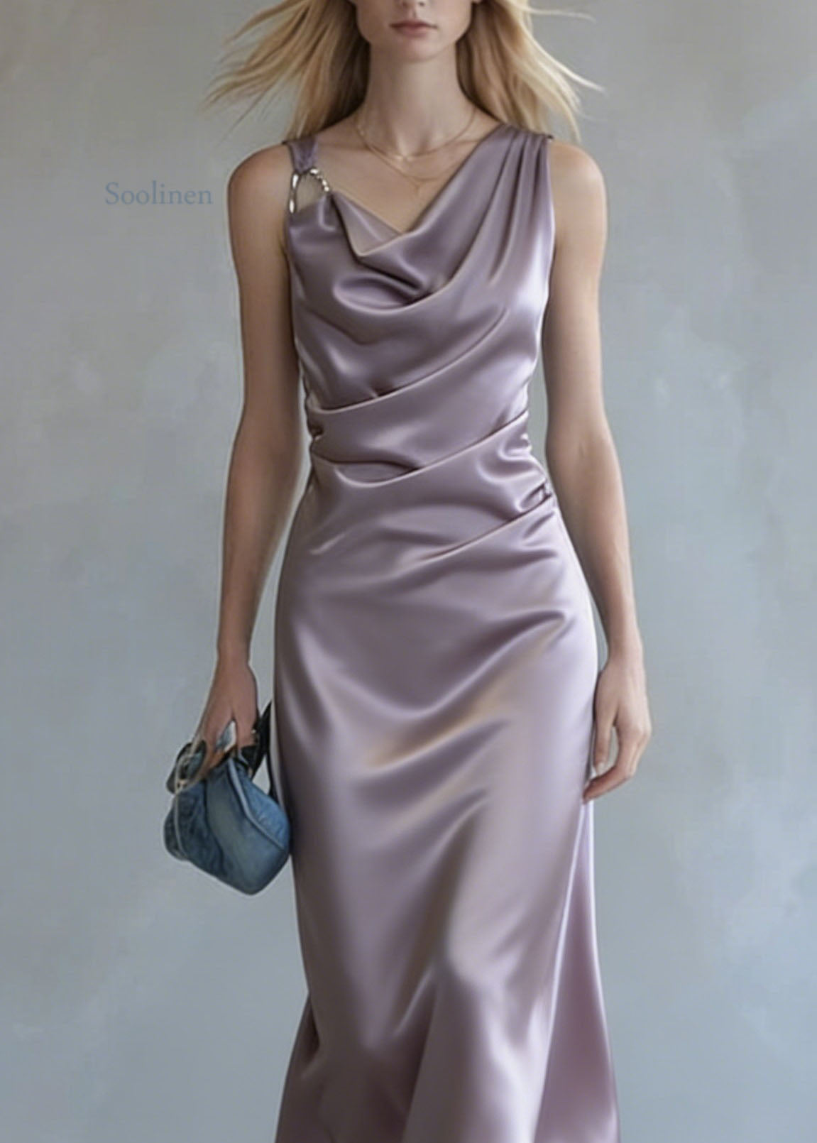 Elegant Purple Wrinkled Silk Spaghetti Strap Dress Summer