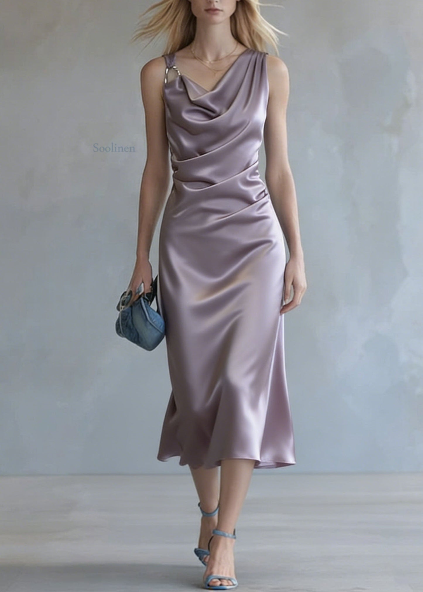 Elegant Purple Wrinkled Silk Spaghetti Strap Dress Summer
