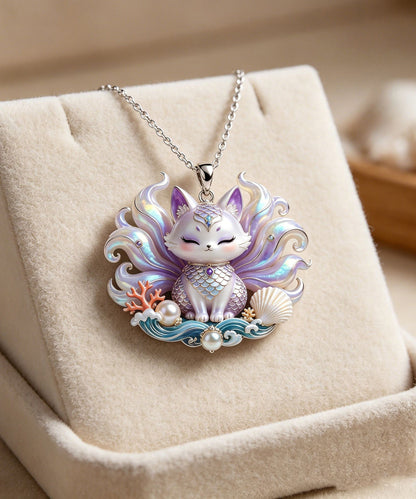 Elegant Rainbow Stainless Steel Enamel Nine Tailed Fox Pendant Necklace