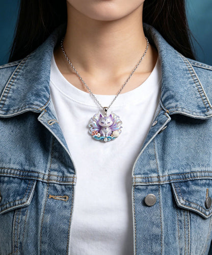 Elegant Rainbow Stainless Steel Enamel Nine Tailed Fox Pendant Necklace