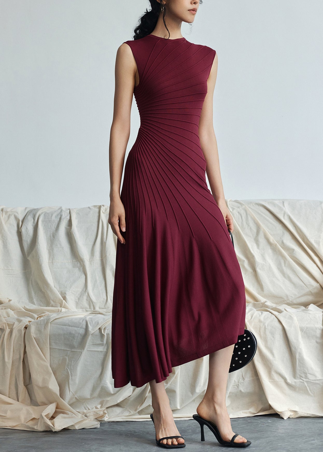 Elegant Red Asymmetrical Striped Cotton Long Dresses Sleeveless