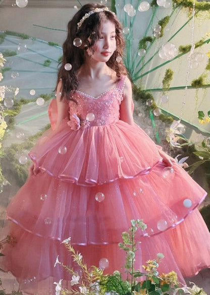Elegant Red Nail Bead Tulle Kids Maxi Spaghetti Strap Dresses Sleevel