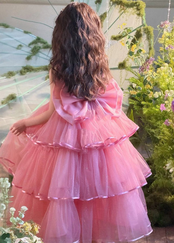 Elegant Red Nail Bead Tulle Kids Maxi Spaghetti Strap Dresses Sleevel
