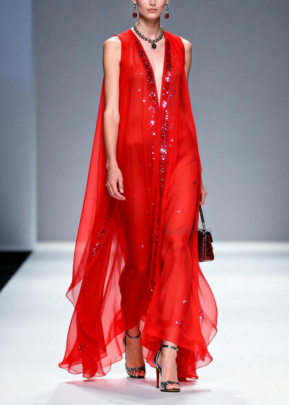 Elegant Red Rhinestone Exra Large Hem Chiffon Party Dresses Sleeveless
