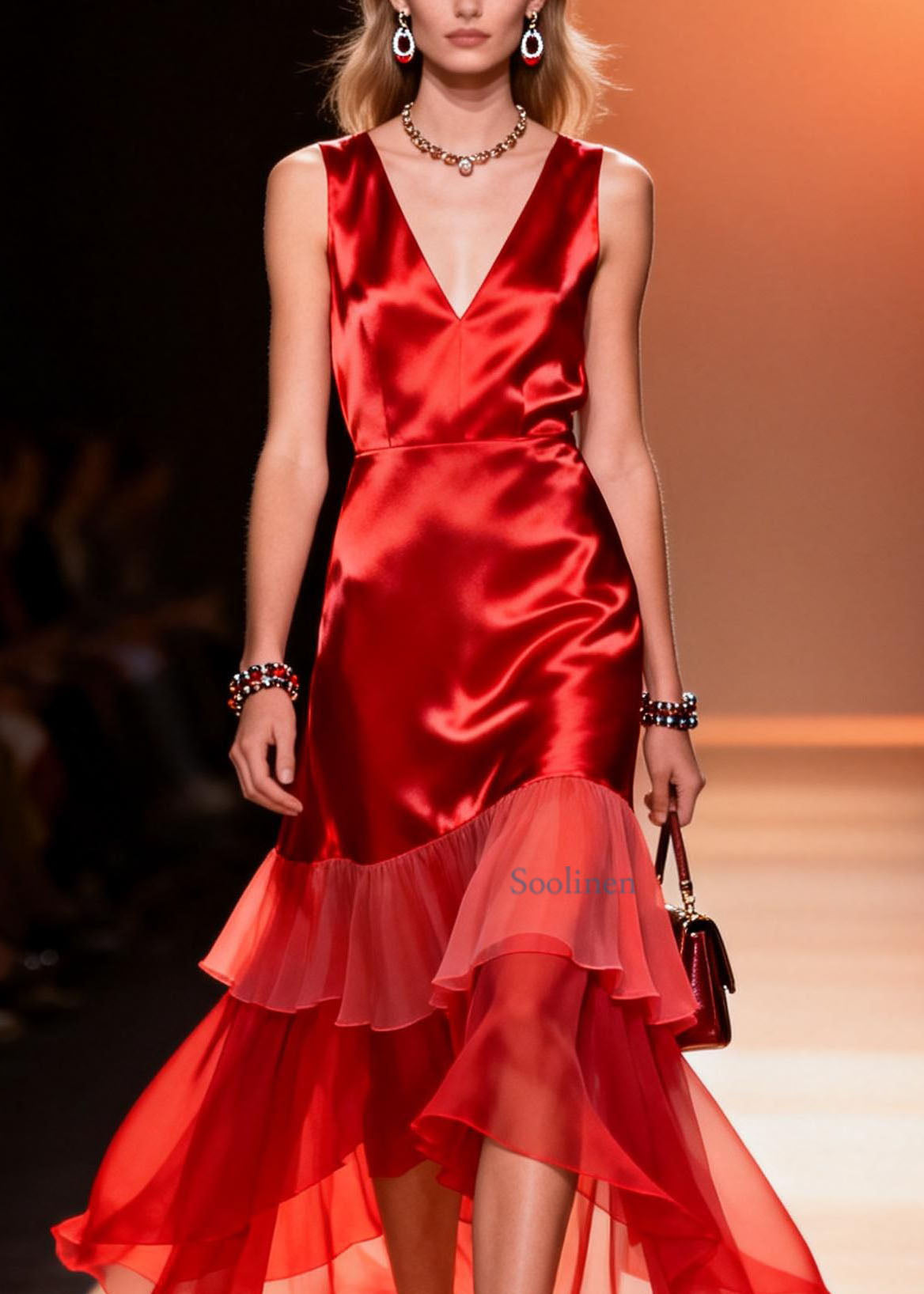 Elegant Red V Neck Ruffled Patchwork Silk Dresses Summer