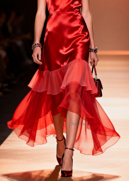 Elegant Red V Neck Ruffled Patchwork Silk Dresses Summer