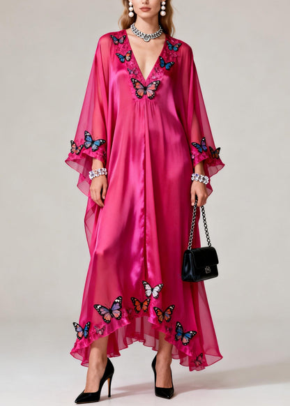 Elegant Rose V Neck Butterfly Silk Maxi Dresses Spring