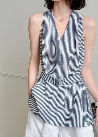 Elegant Striped V Neck Sashes Shirt Summer