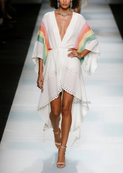 Elegant V Neck Asymmetrical Design Patchwork Cotton Dresses Summer
