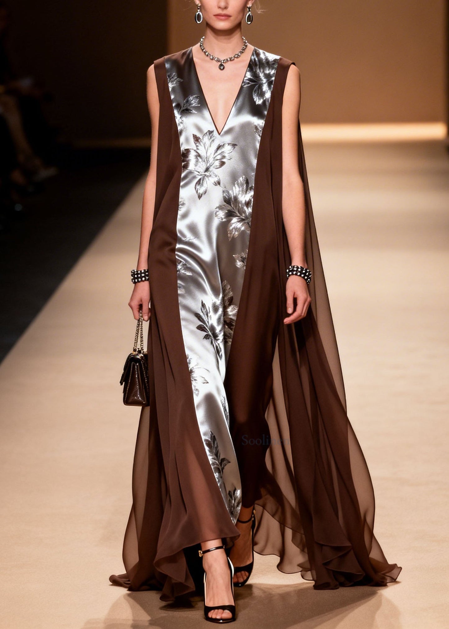 Elegant V Neck Print Patchwork Chiffon Dress Summer