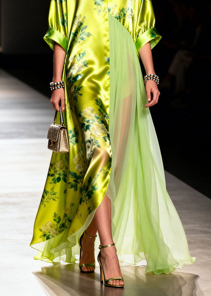 Elegant V Neck Print Patchwork Silk Long Dress Summer