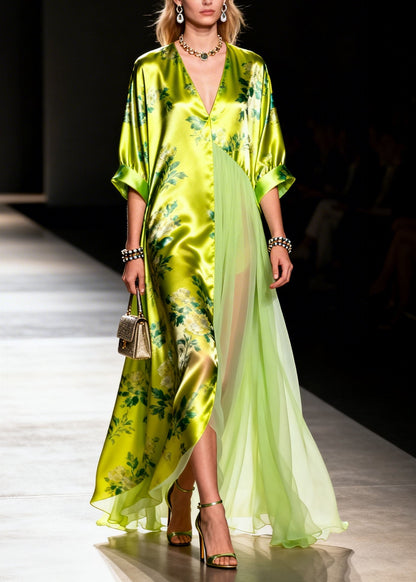 Elegant V Neck Print Patchwork Silk Long Dress Summer