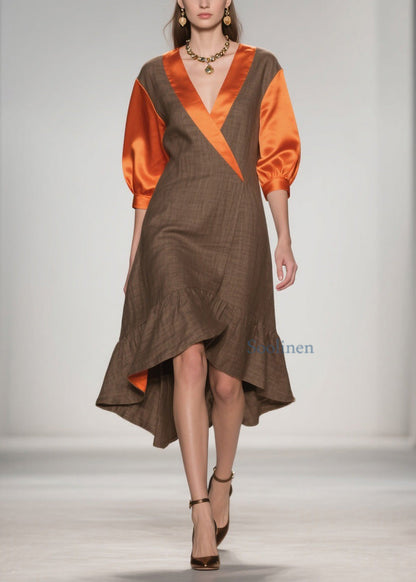 Elegant V Neck Ruffled Silk Patchwork Cotton Dresses Summer