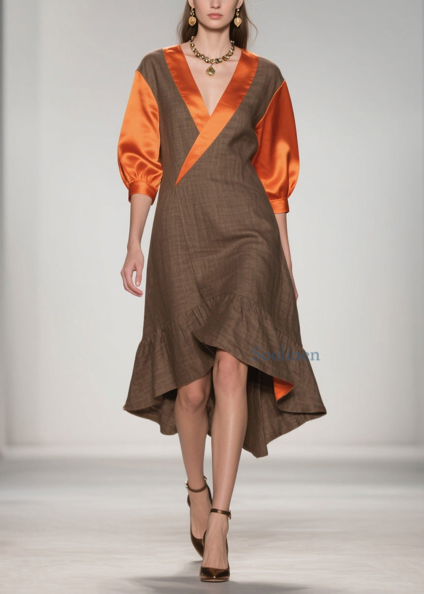 Elegant V Neck Ruffled Silk Patchwork Cotton Dresses Summer