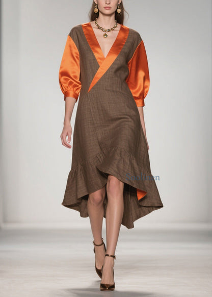 Elegant V Neck Ruffled Silk Patchwork Cotton Dresses Summer