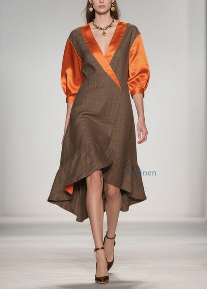 Elegant V Neck Ruffled Silk Patchwork Cotton Dresses Summer