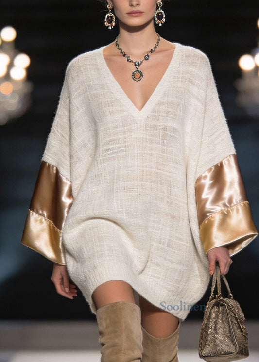 Elegant V Neck Silk Patchwork Linen Mid Dress Spring