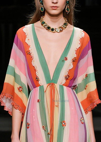 Elegant V Neck Striped Chiffon Vacation Dress Half Sleeve