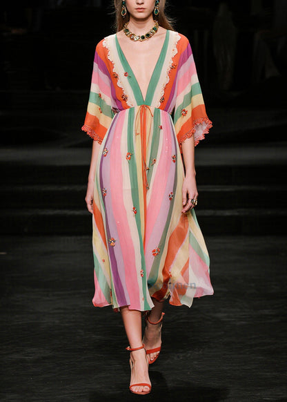 Elegant V Neck Striped Chiffon Vacation Dress Half Sleeve
