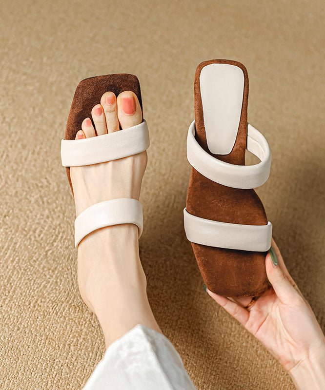 Elegant Wedge Beige Cowhide Leather Slide Sandals Peep Toe