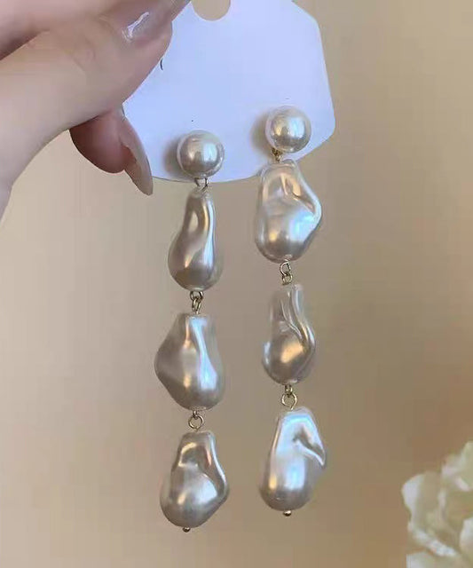 Elegant White Alloy Pearl Tassel Drop Earrings