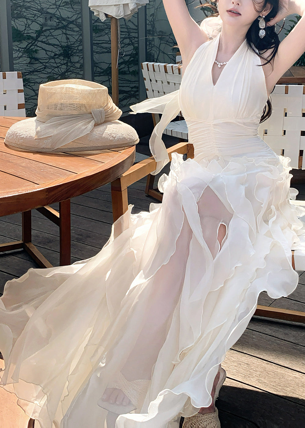 Elegant White Cinched Ruffled Tulle Maxi Dress Summer