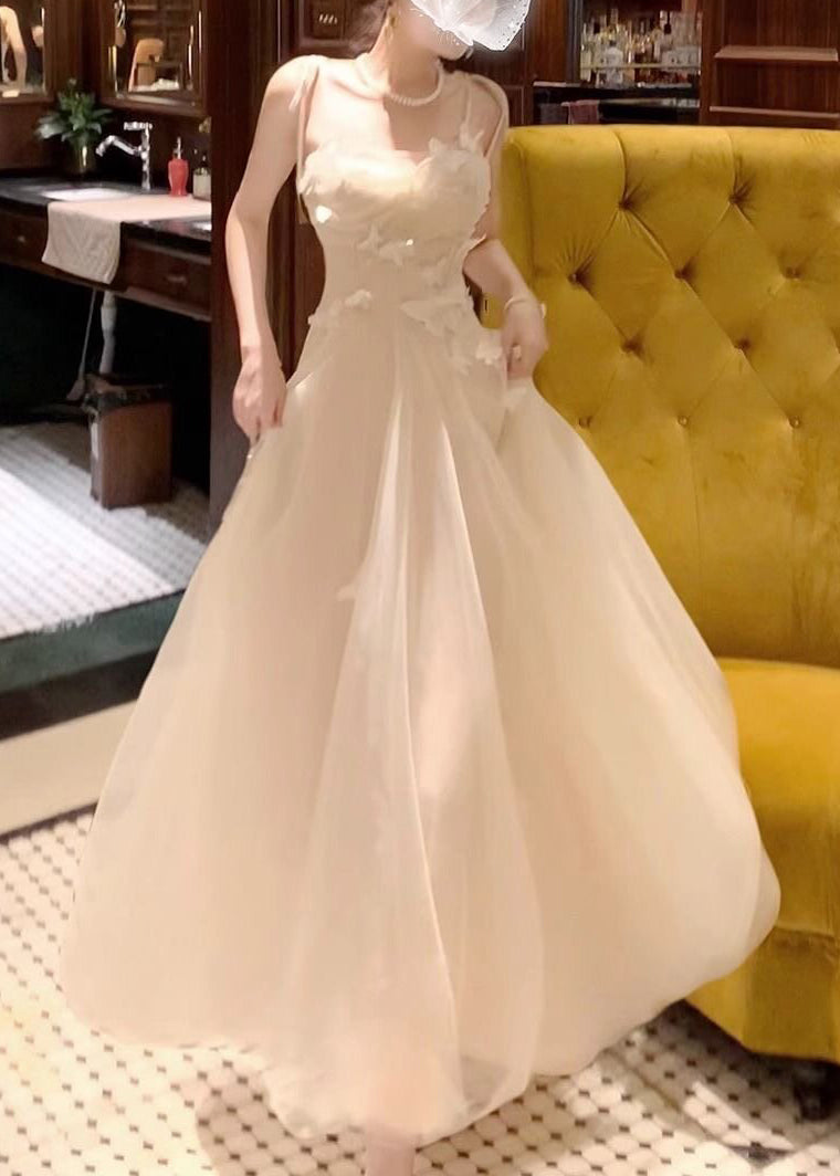 Elegant White Cold Shoulder Butterfly Tulle Maxi Spaghetti Strap Dress Summer
