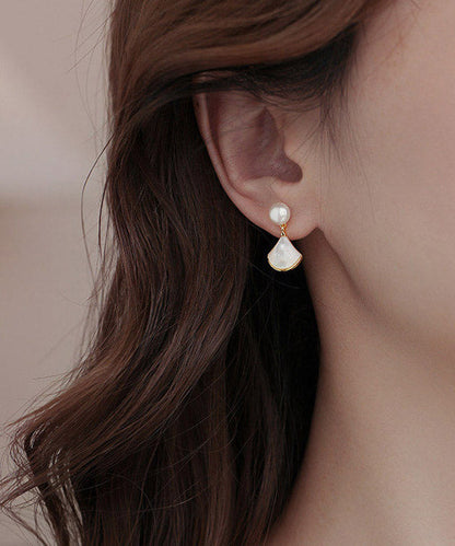 Elegant White Copper Overgild Pearl Shell Fan-Shaped Stud Earrings