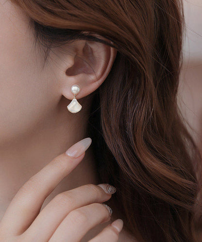Elegant White Copper Overgild Pearl Shell Fan-Shaped Stud Earrings
