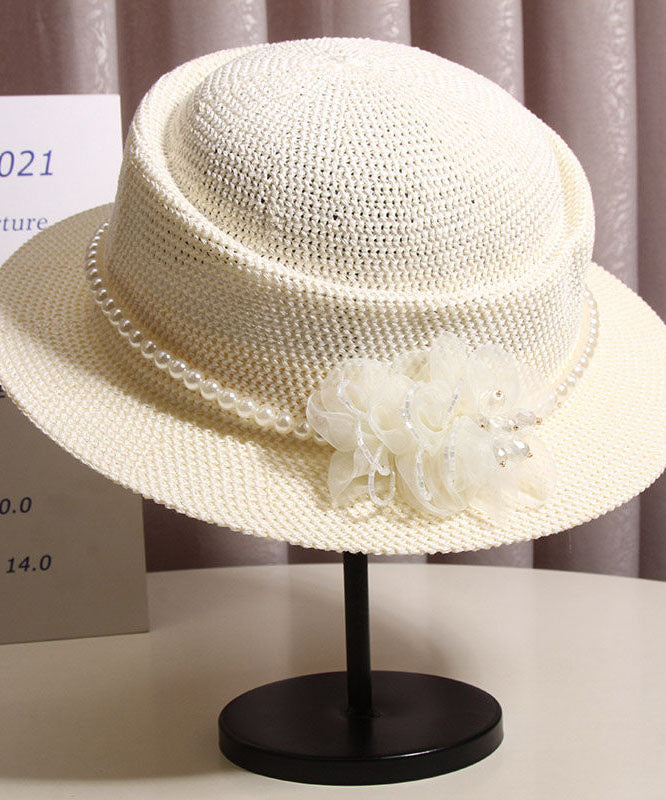 Elegant White Floral Nail Bead Straw Woven Bucket Hat
