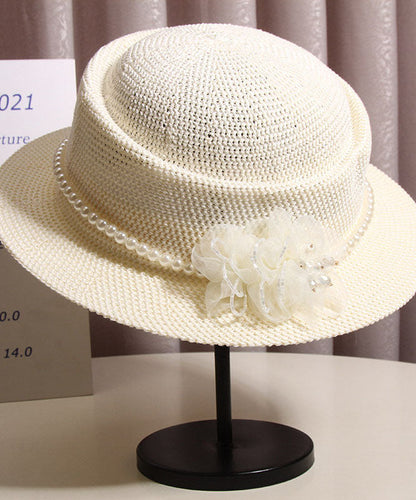 Elegant White Floral Nail Bead Straw Woven Bucket Hat