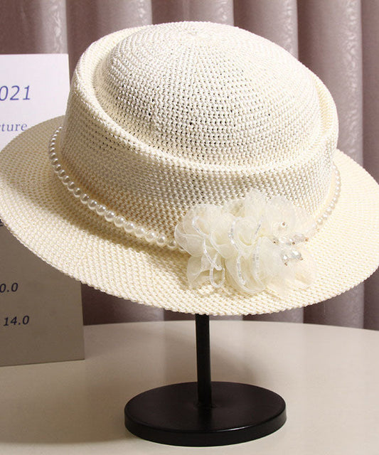 Elegant White Floral Nail Bead Straw Woven Bucket Hat