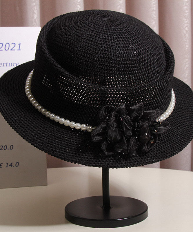Elegant White Floral Nail Bead Straw Woven Bucket Hat