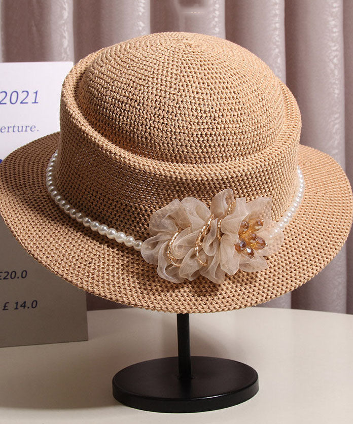Elegant White Floral Nail Bead Straw Woven Bucket Hat