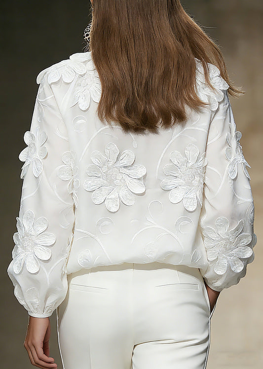 Elegant White Floral Tie Lace Tops Spring
