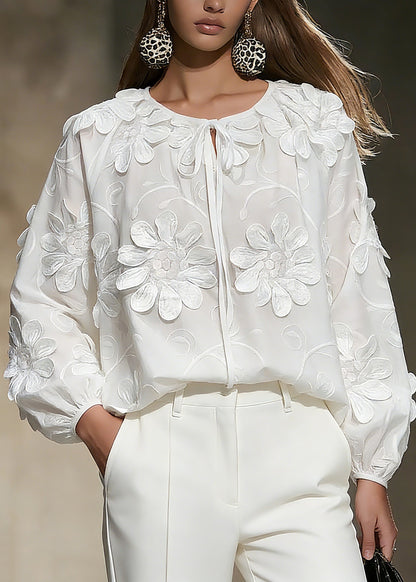 Elegant White Floral Tie Lace Tops Spring