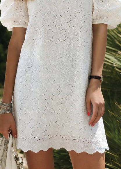 Elegant White O Neck Hollow Out Cotton Dress Puff Sleeve