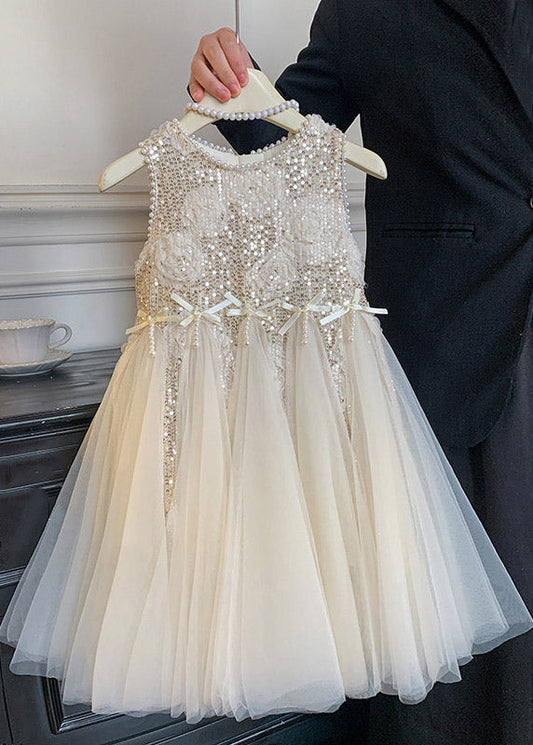 Elegant White O-Neck Sequins Patchwork Tulle Girls Long Dress Summer